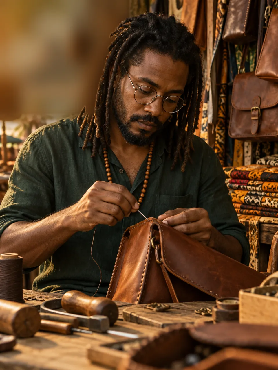 Artesão negro de dreadlocks e óculos costurando à mão uma bolsa de couro em sua banca.